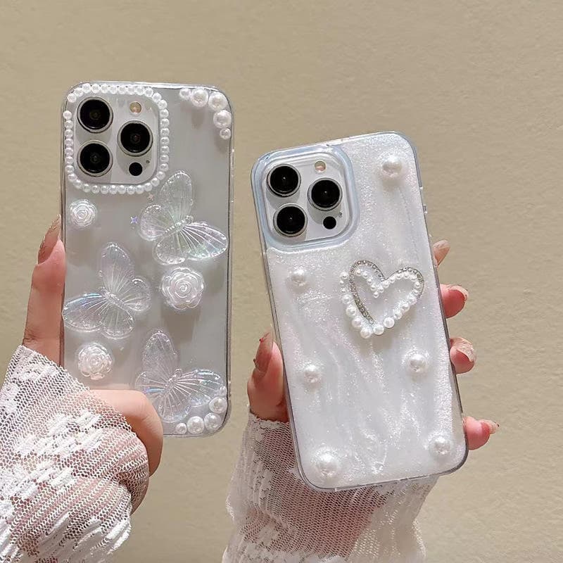 Fashion Girls Transparent Epoxy Heart Shaped Pearl butterfly Phone case
