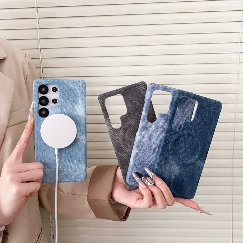 Denim Texture Magnetic Half Wrap Hard Phone Case Ultra Slim Protective Cover for Samsung