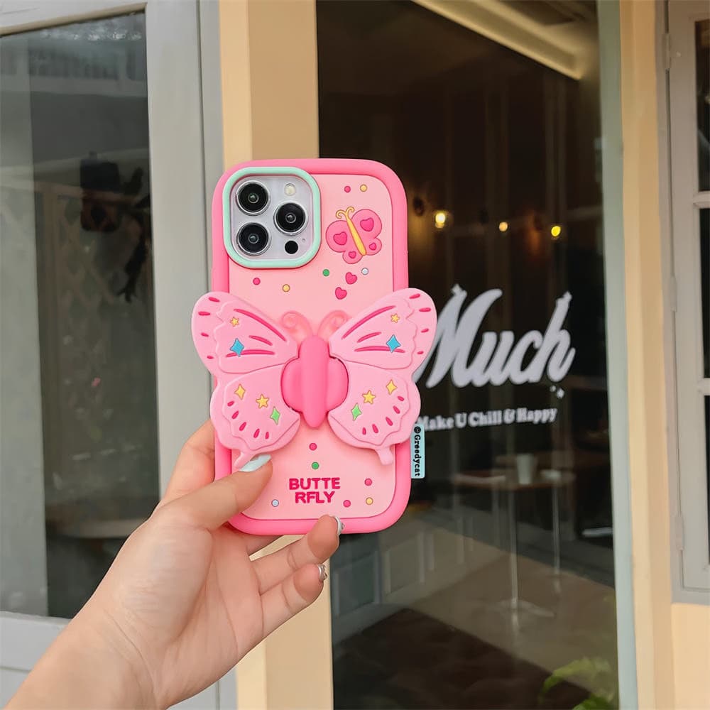 Kawaii 3D Butterfly Cartoon Cover for iPhone, Soft Durable Liquid Silicone Phone Case