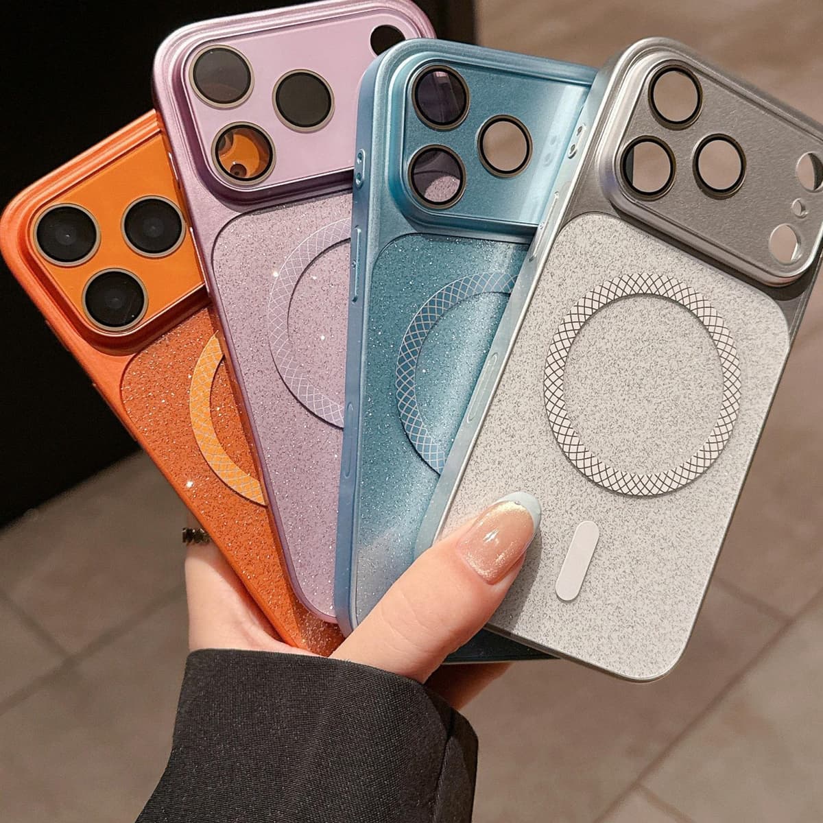 Glitter Grid Magnetic Phone Case With Lens Film Anti Drop Protective Cover for iPhone