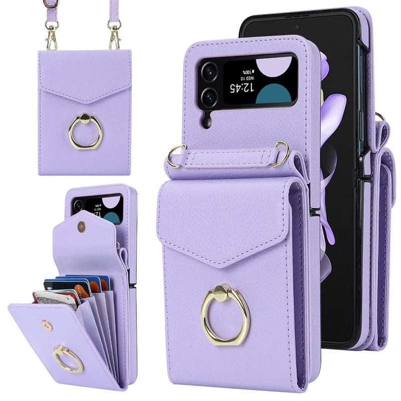 Leather Phone Case With Finger Ring And Strap Card Wallet Case for Samsung Galaxy Z Flip