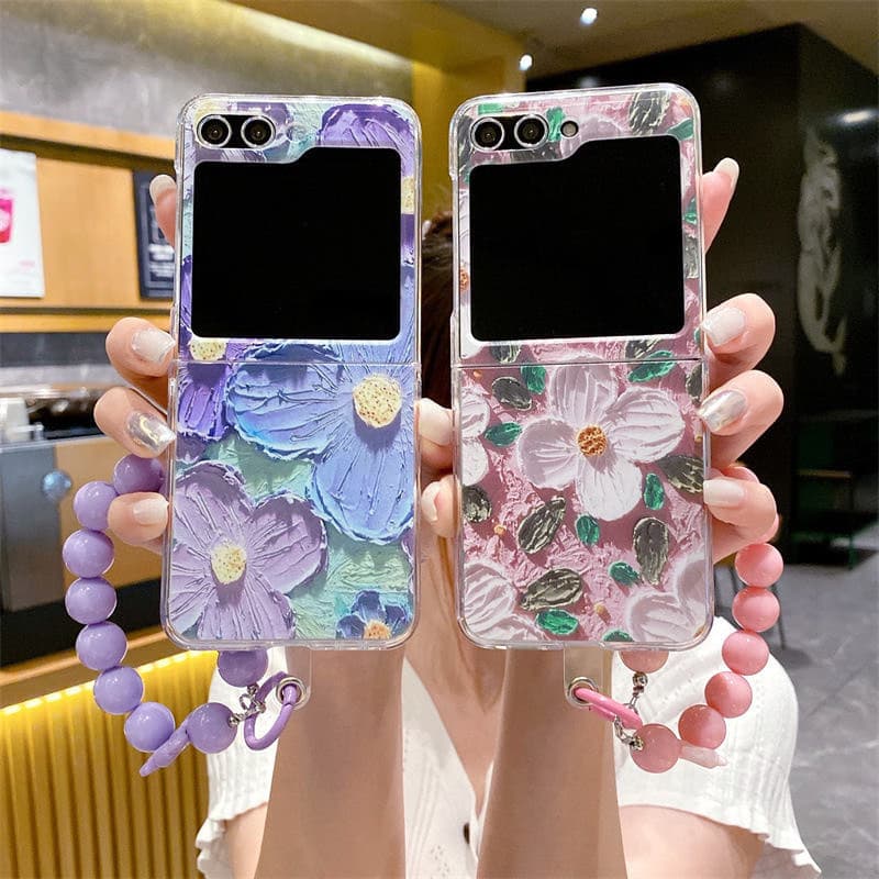 Oil Painting Flower Phone Case for Samsung Galaxy Z Flip 3 4 5, Shockproof Folding Mobile Cover With Wrist Strap Chain