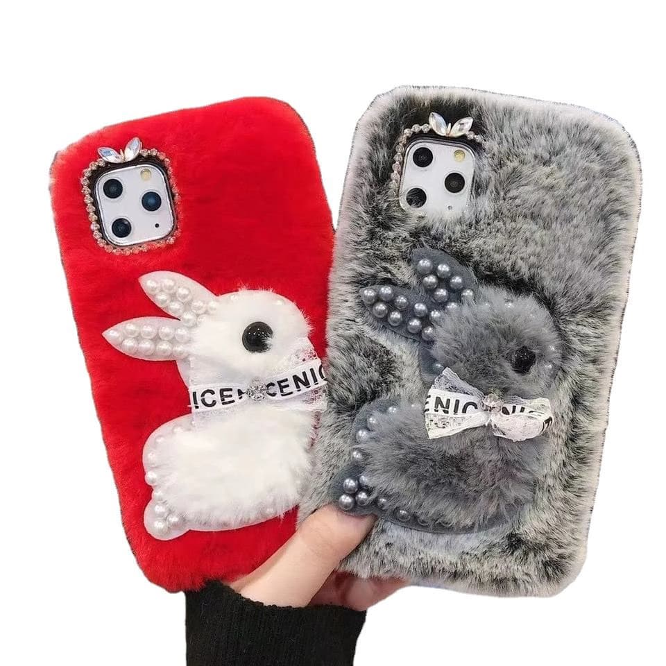 High Quality TPU Warmer Fur Girls Woman Winter Shockproof Cartoon Pearl Bear Phone Cases