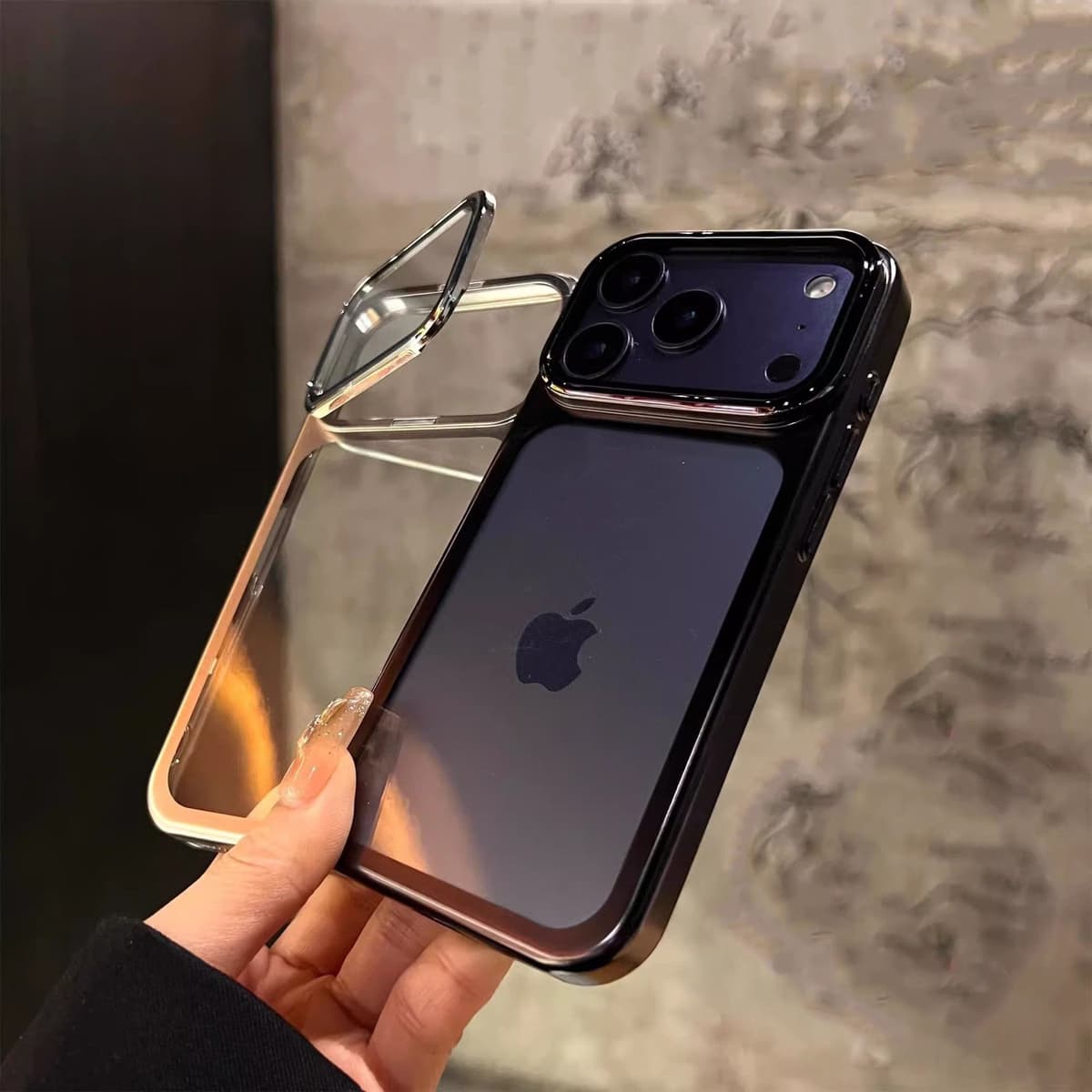 Folding Stand Camera Frame Holder with Glass Lens Protector Electroplating Phone case for iPhone