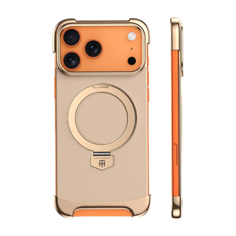 Borderless PU Leather Case for iPhone With Hidden Magnetic Ring Stand Cover