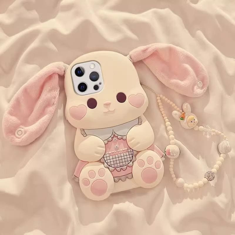 Love Rabbit Cartoon Plush Ears Mobile Phone Case with Lanyard for iPhone