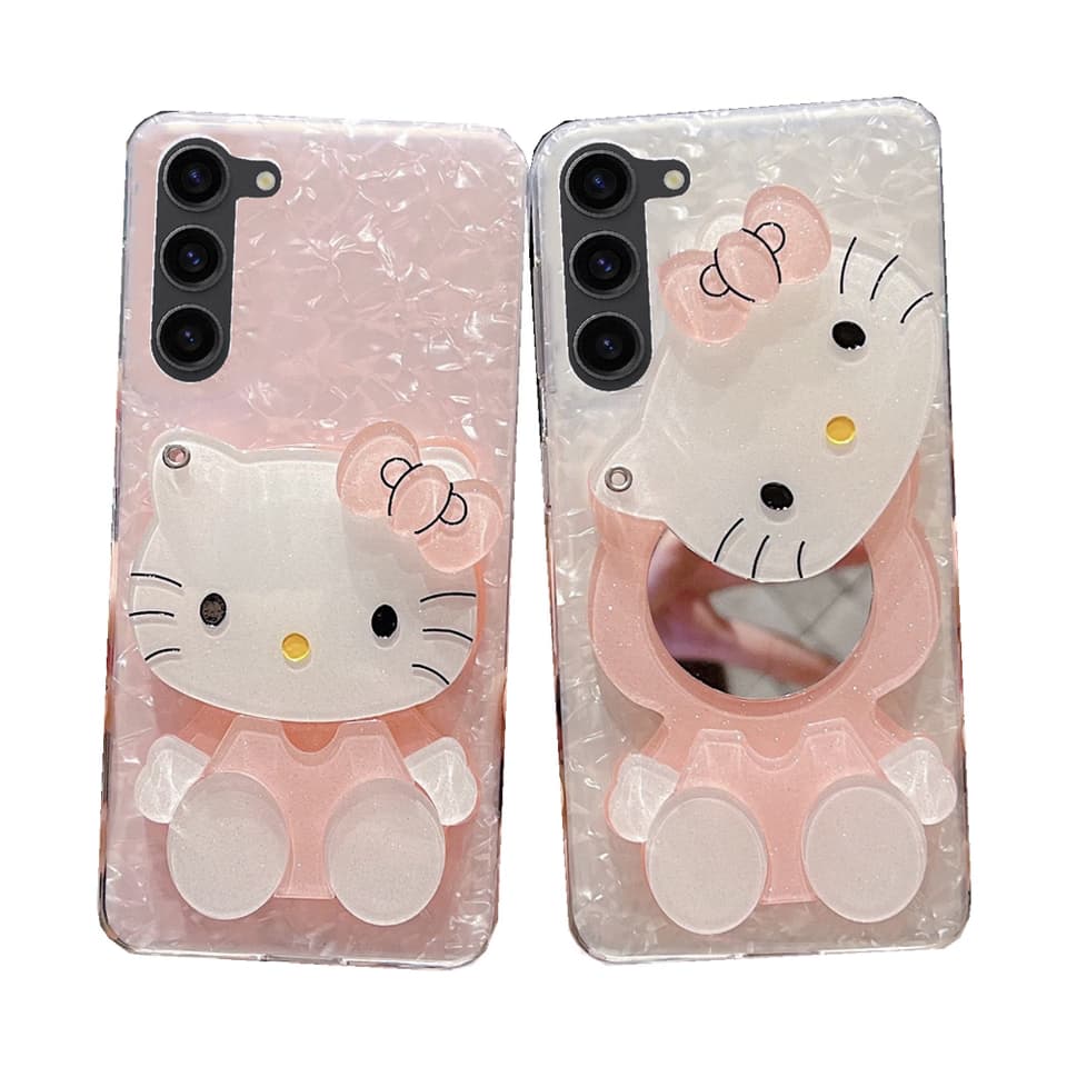 Hello Cute Kitty Makeup Mirror Pink Shell Texture Phone Case