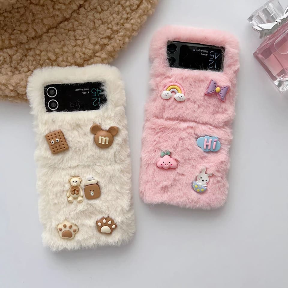 Girly Pink White Plush Phone Case for Samsung Galaxy Z Flip