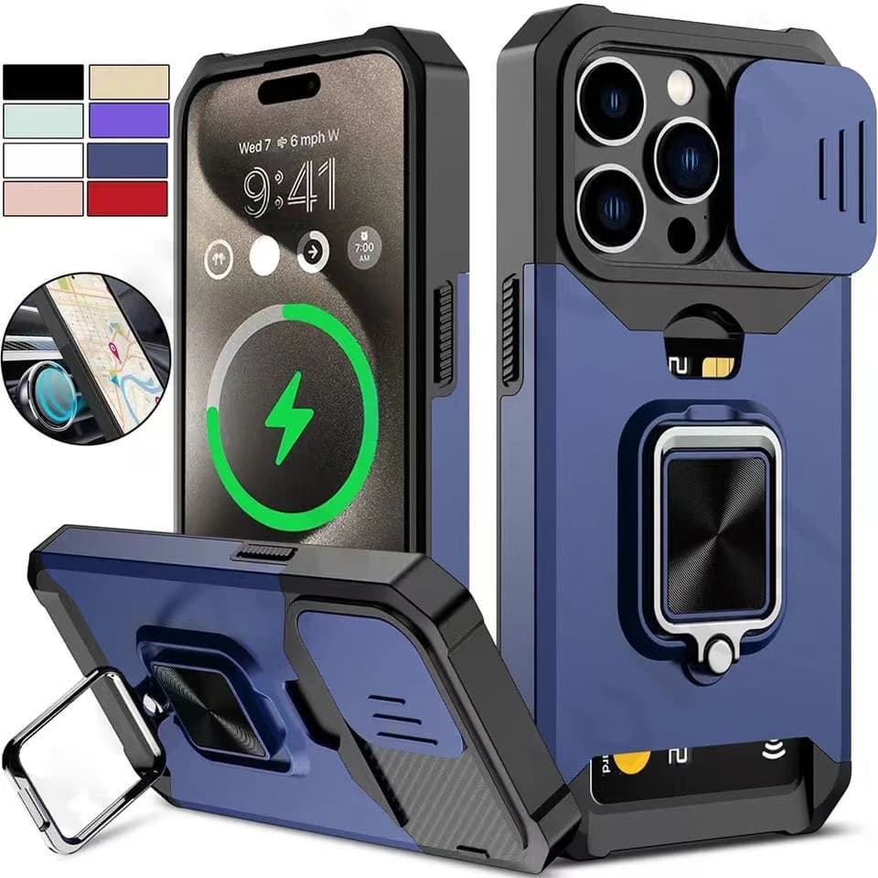 Phone Case for iPhone Slide Camera Card Holder Heavy Protective Ring Magnetic Kickstand Armor Cover